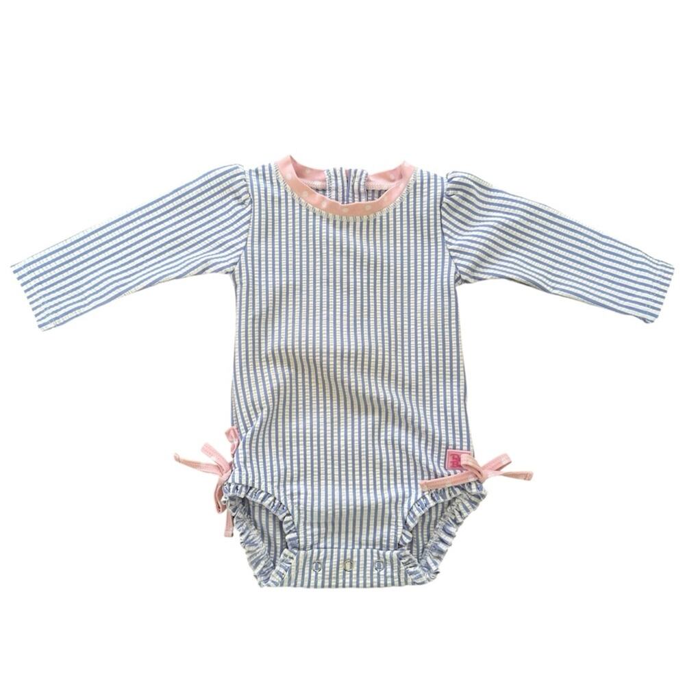 Ruffle Butts Seersucker Long Sleeve Rash Guard Periwinkle Blue Pink Size 6-12 M